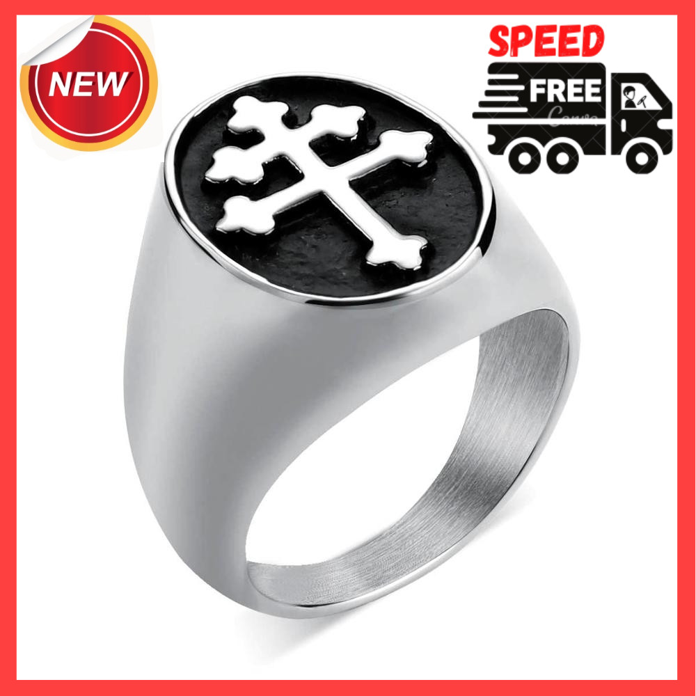 Magnum PI Cross of Lorraine Premium Stainless Steel Metal Ring Templar Crusader