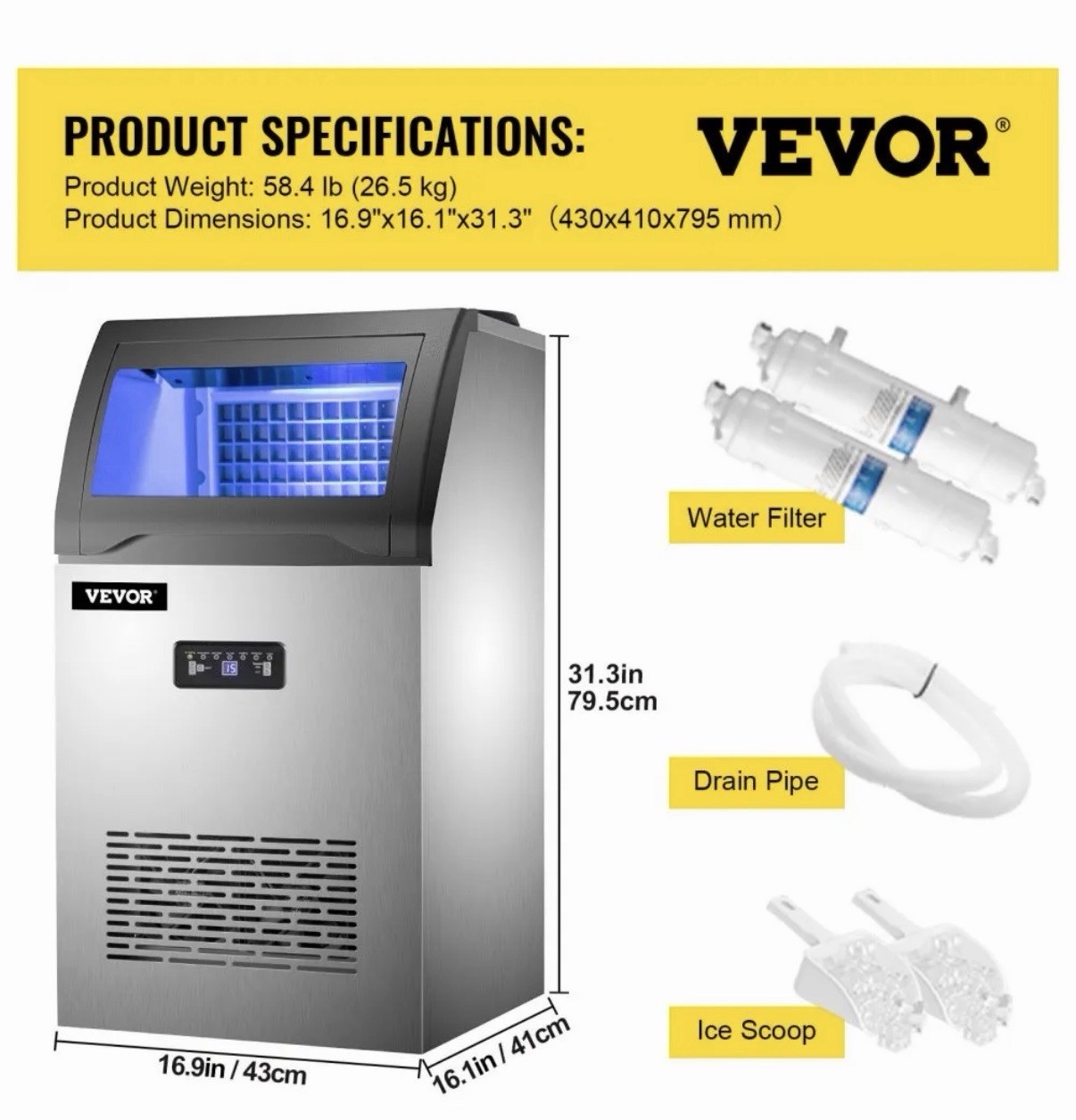 VEVOR 99lbs/24hrs Commercial Ice Maker w 22 lb. Storage, Silver