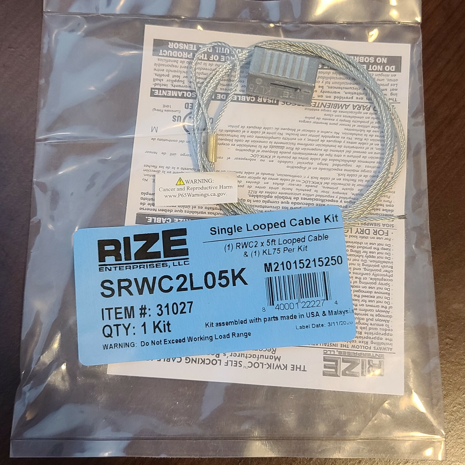 E15*NEW  Rize Fasteners Single 5' Looped Cable Hanging Kits