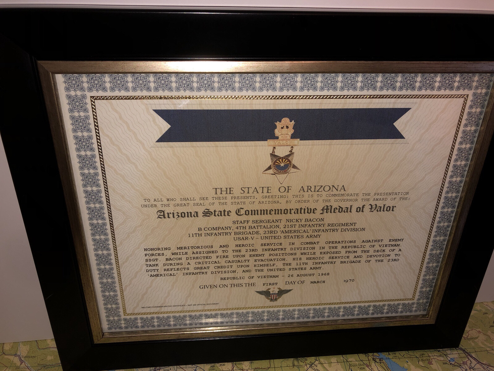 ARIZONA STATE COMMEMORATIVE MEDAL OF VALOR CERTIFICATE