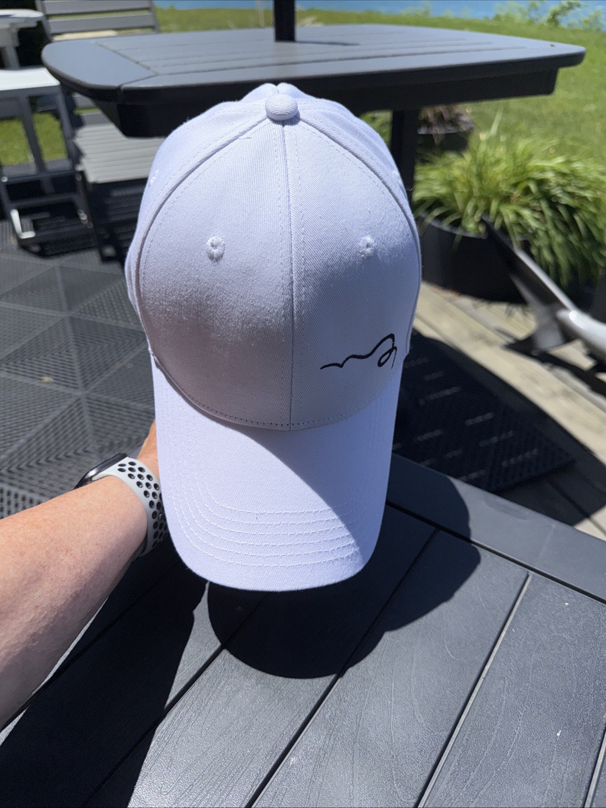 Swurly Co Black Logo on Silk Lined Baseball Hat Cap White Pony Tail Opening EUC