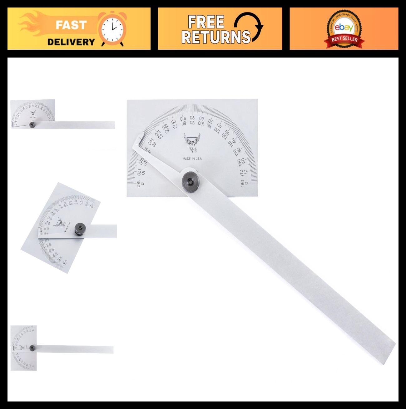 Stainless Steel Angle Protractor & Square Head Tool | 6" Adjustable Arm, 0-180°