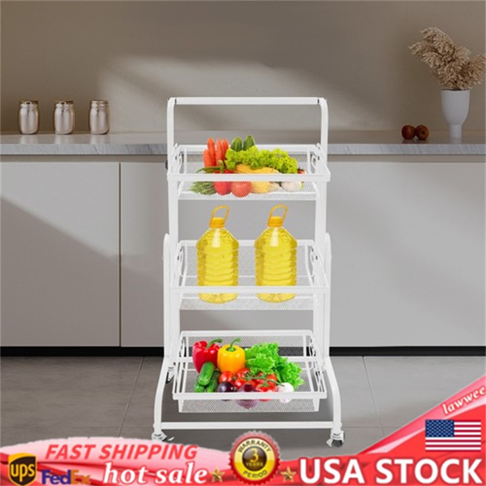 3-Tier Multi-Functional Storage Cart Metal Rolling Utility Cart White Adjustable