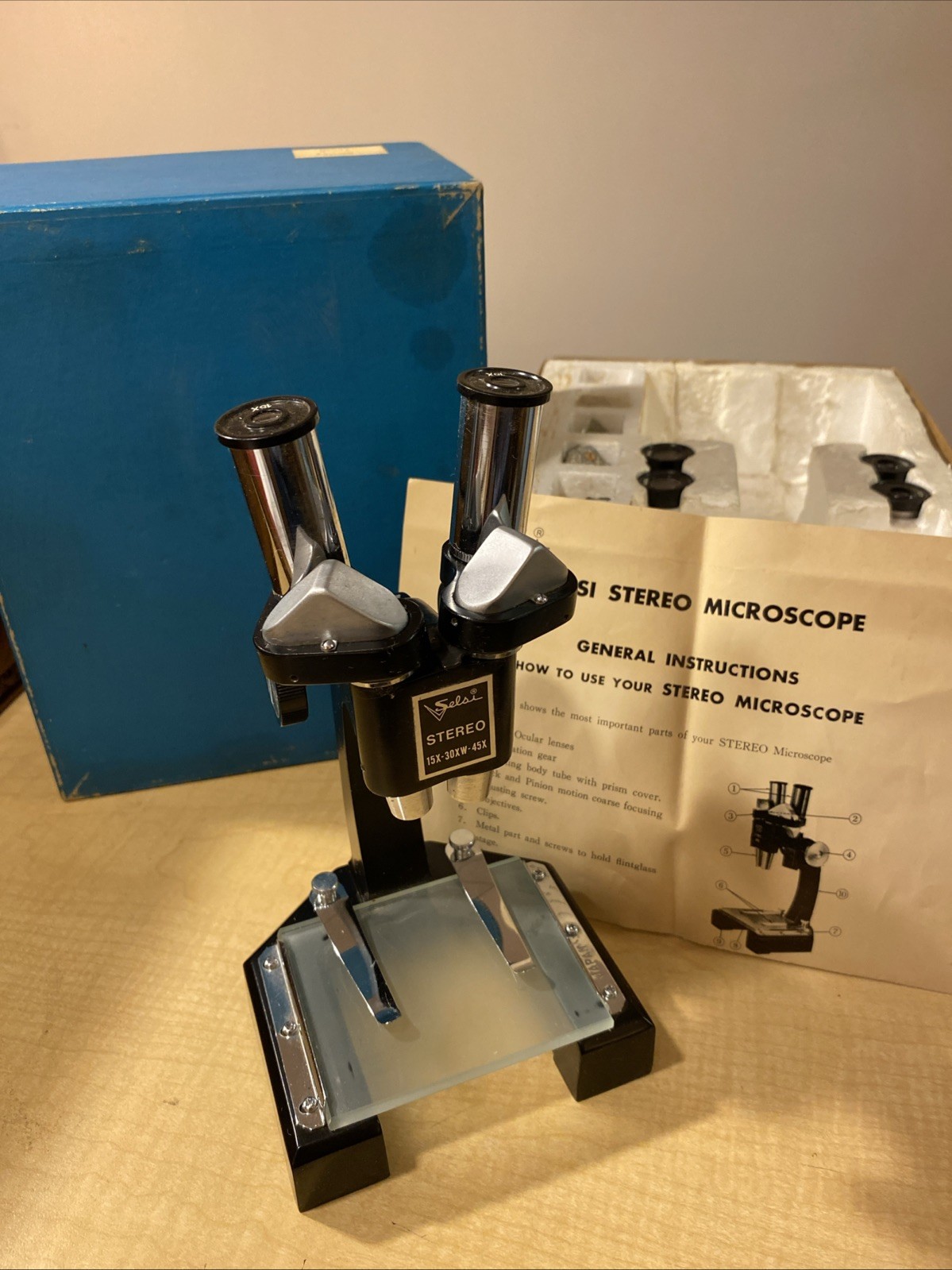 Vintage Japan Selsi Stereo Microscope 15x 30x 45x Original Box & Paperwork
