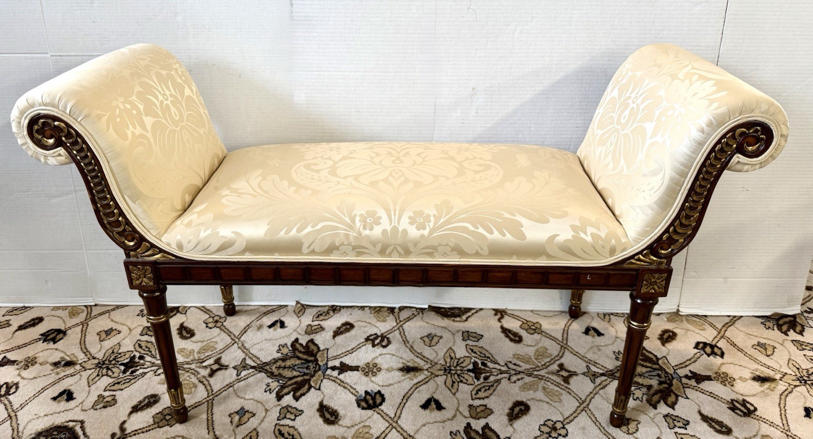 Magnificent Neoclassical Carved Mahogany and Gilt Scroll Arm Window Bench Seat
