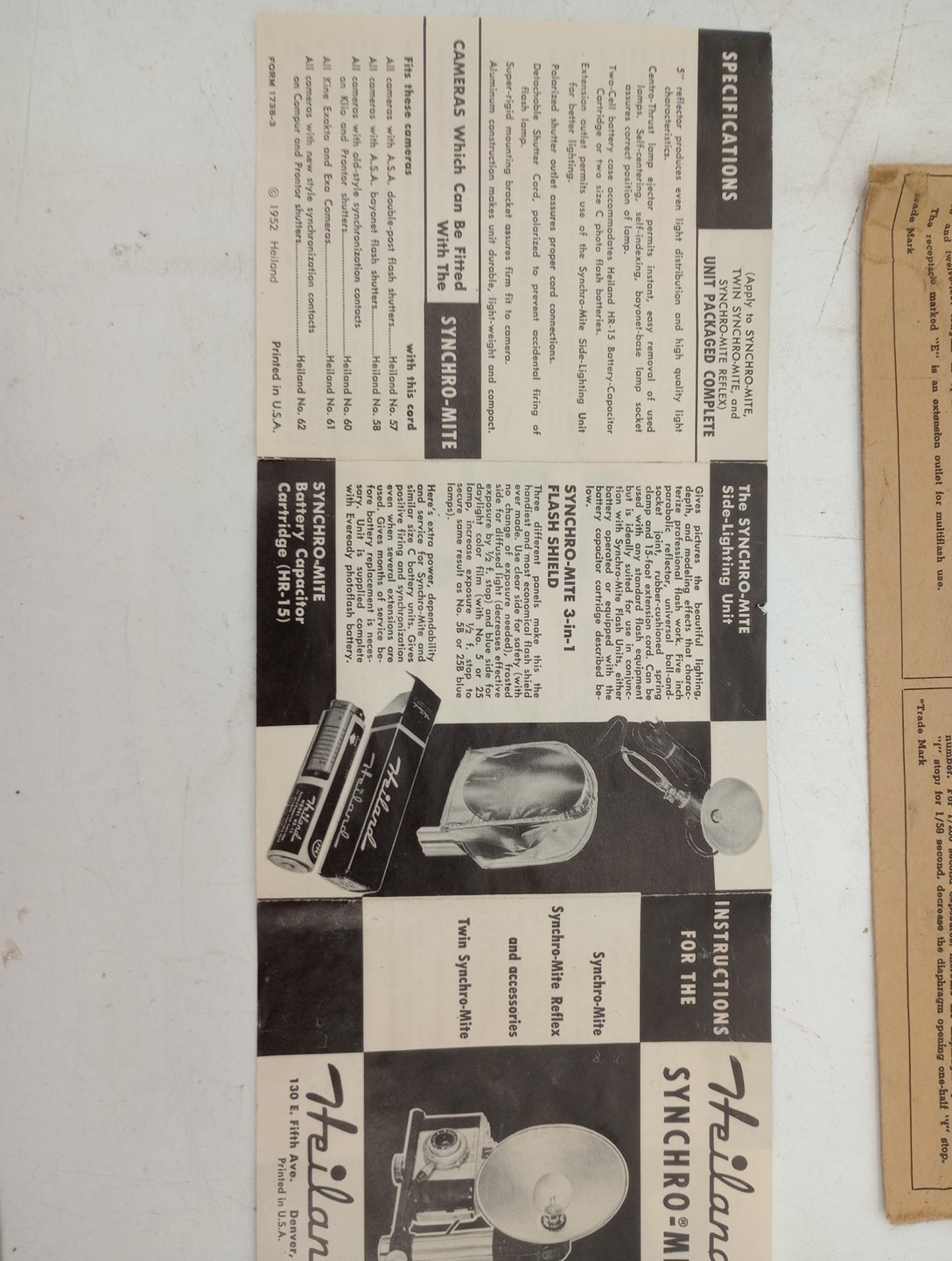 Vtg 1952 HEILAND SYNCHRO-MITE FLASH Mount Original Box & Paperwork Read Look