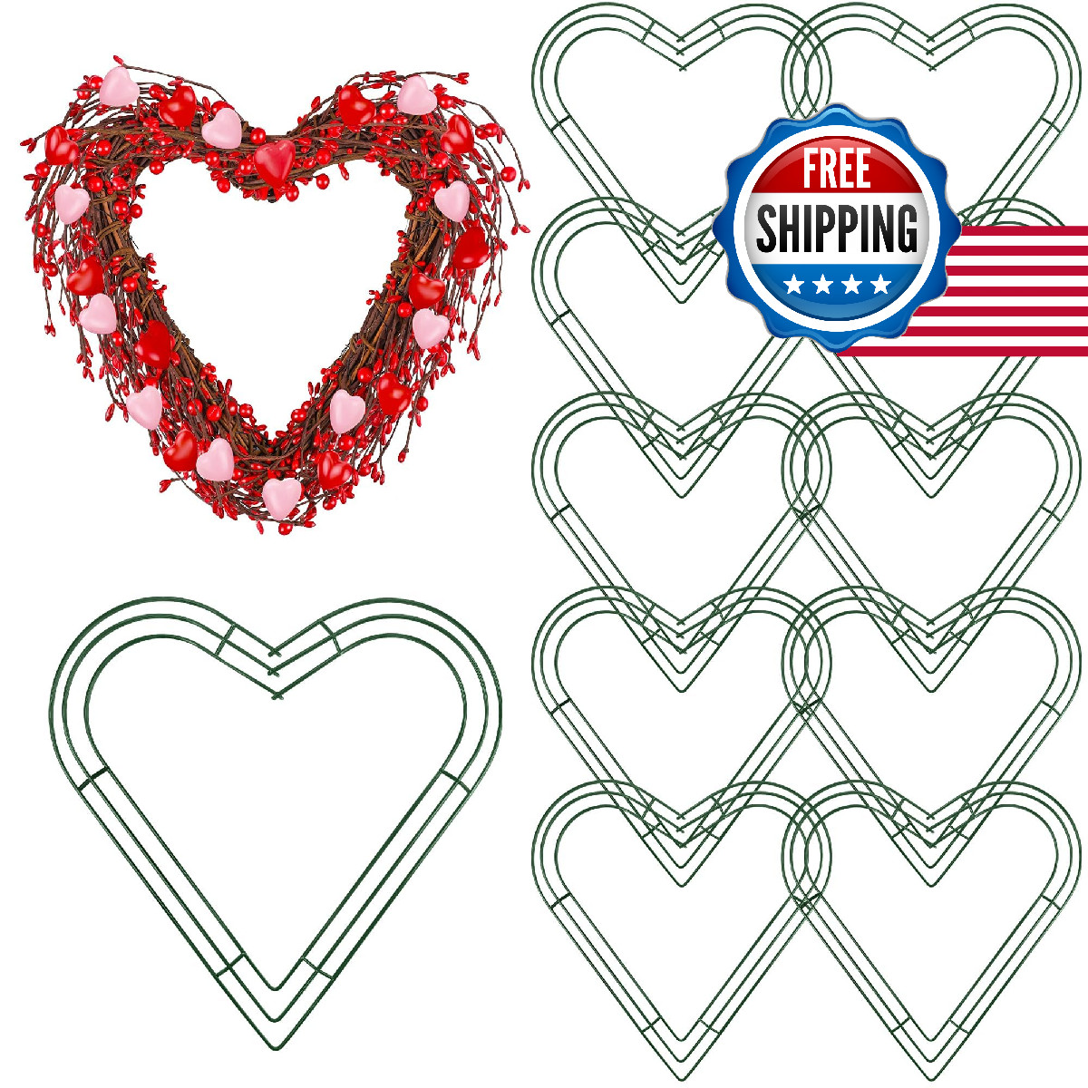 Aodaer 12 Pack 18 Inch Heart Wire Wreaths Frame Heart Metal Wreath Garland Green
