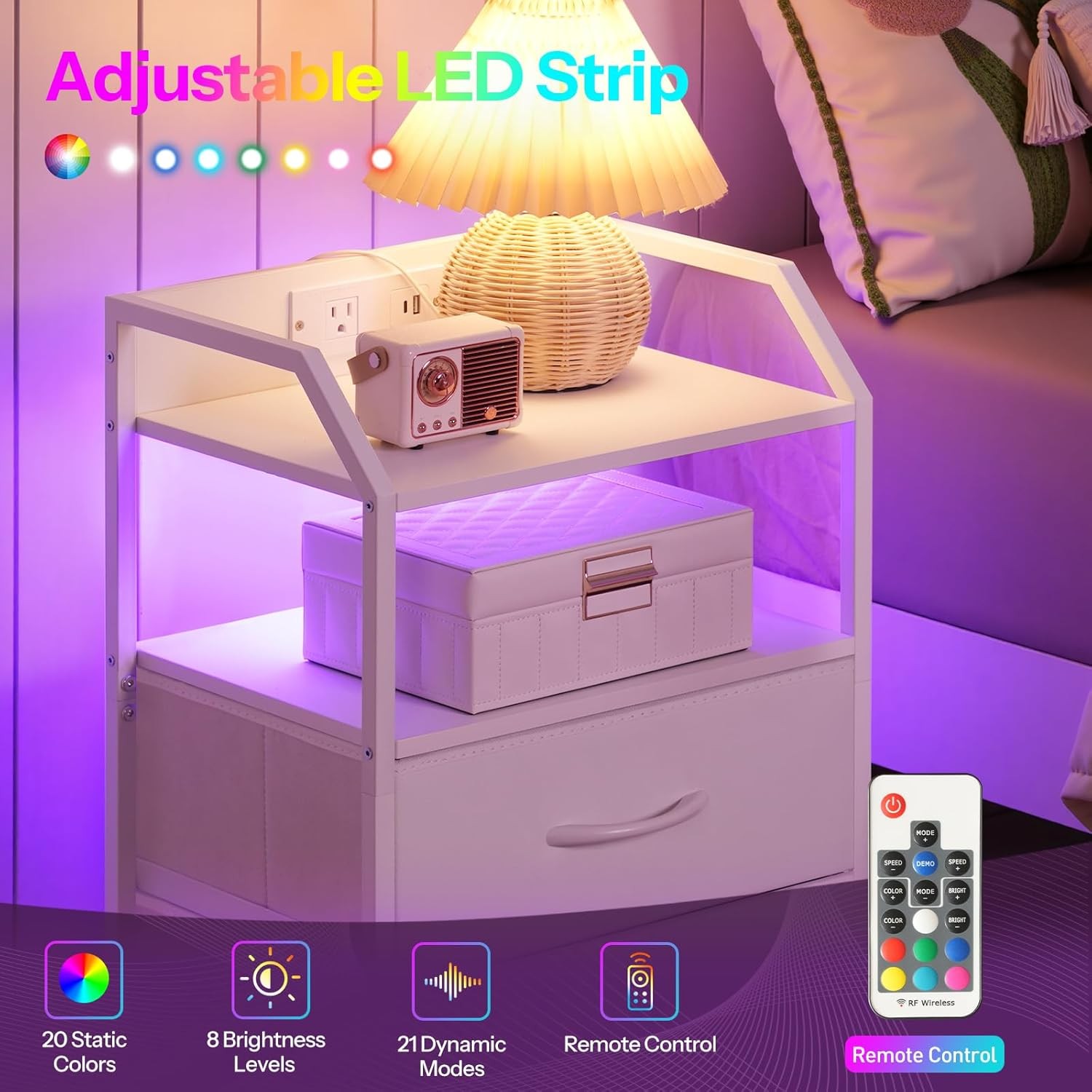 HOOBRO Nightstand with Charging Station, Bedside Table 1 AC White