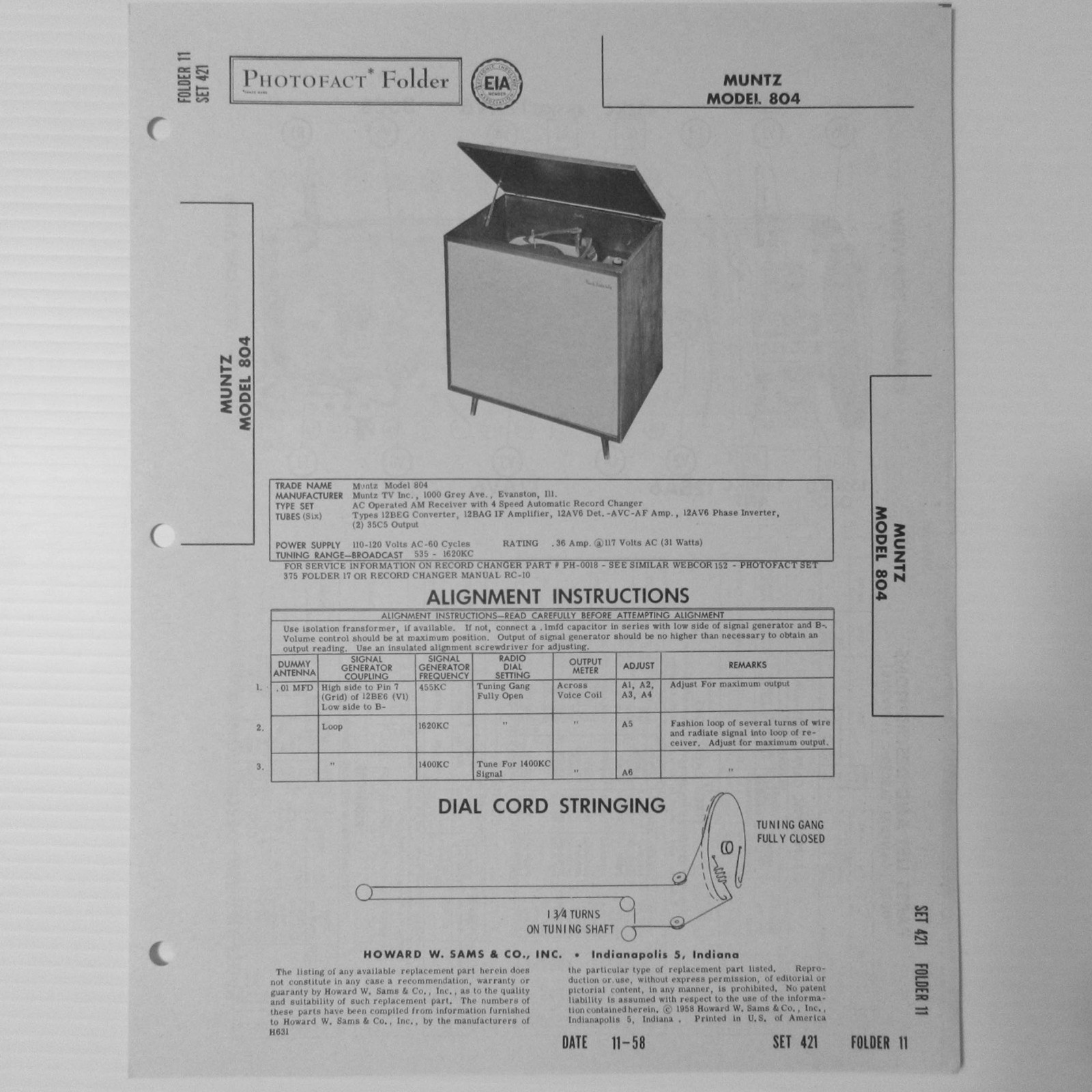 Muntz Model 804 Console AM Radio Record Changer - SAMS Photofact ™ 1958 New