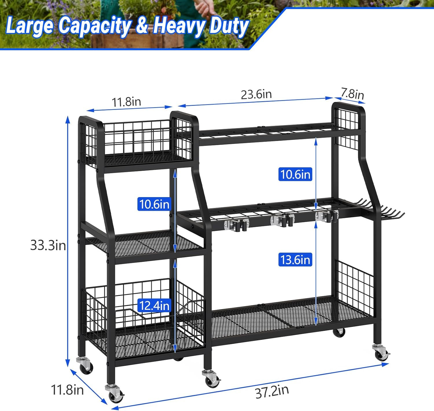 Garden Tool Organizer with 6 Wheels(3 Lockable), Heavy Duty Yard Tool Organizer