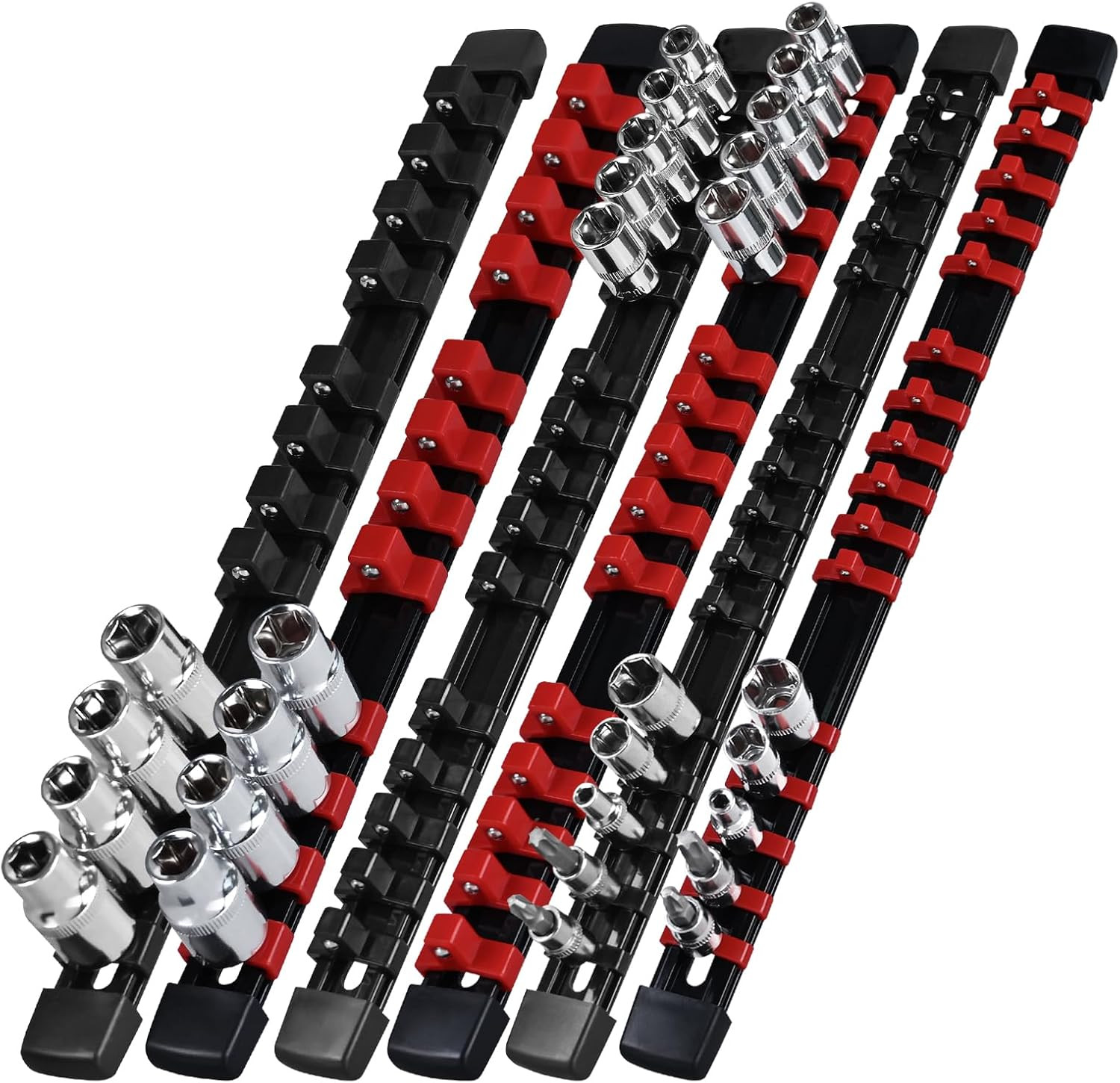 6PCS Socket Organizer Set, 1/4", 3/8", 1/2" Socket Holder Rails with Clips