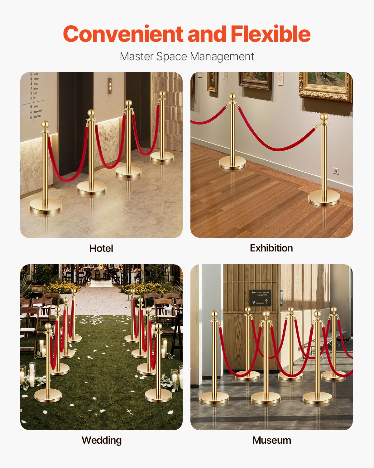 VEVOR 8Pcs Stanchion Post Queue Barrier Crowd Control Sand Injection Base Gold