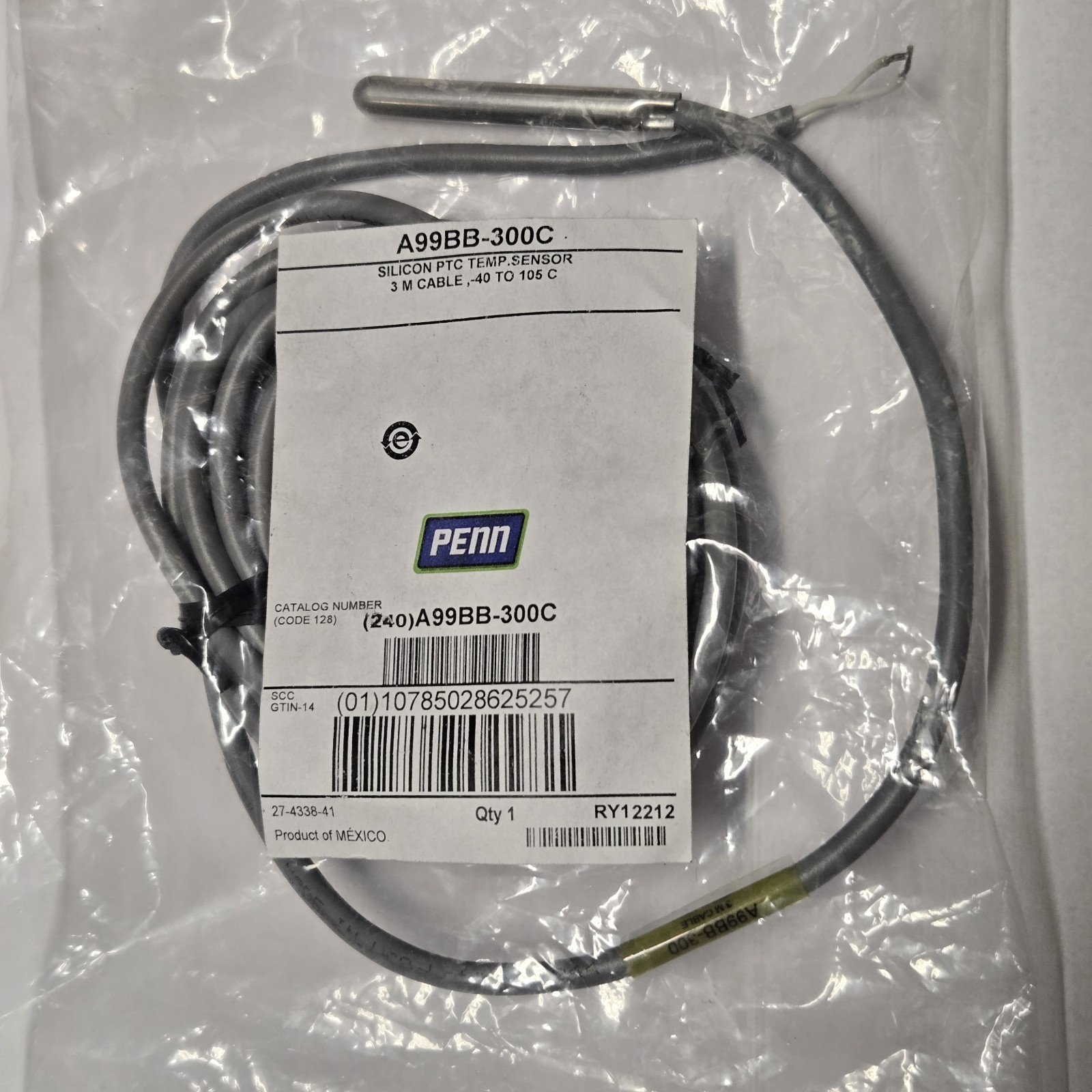 JOHNSON CONTROLS A99BB-300C Temperature Sensor, Silicon, -40-212 F 36P558