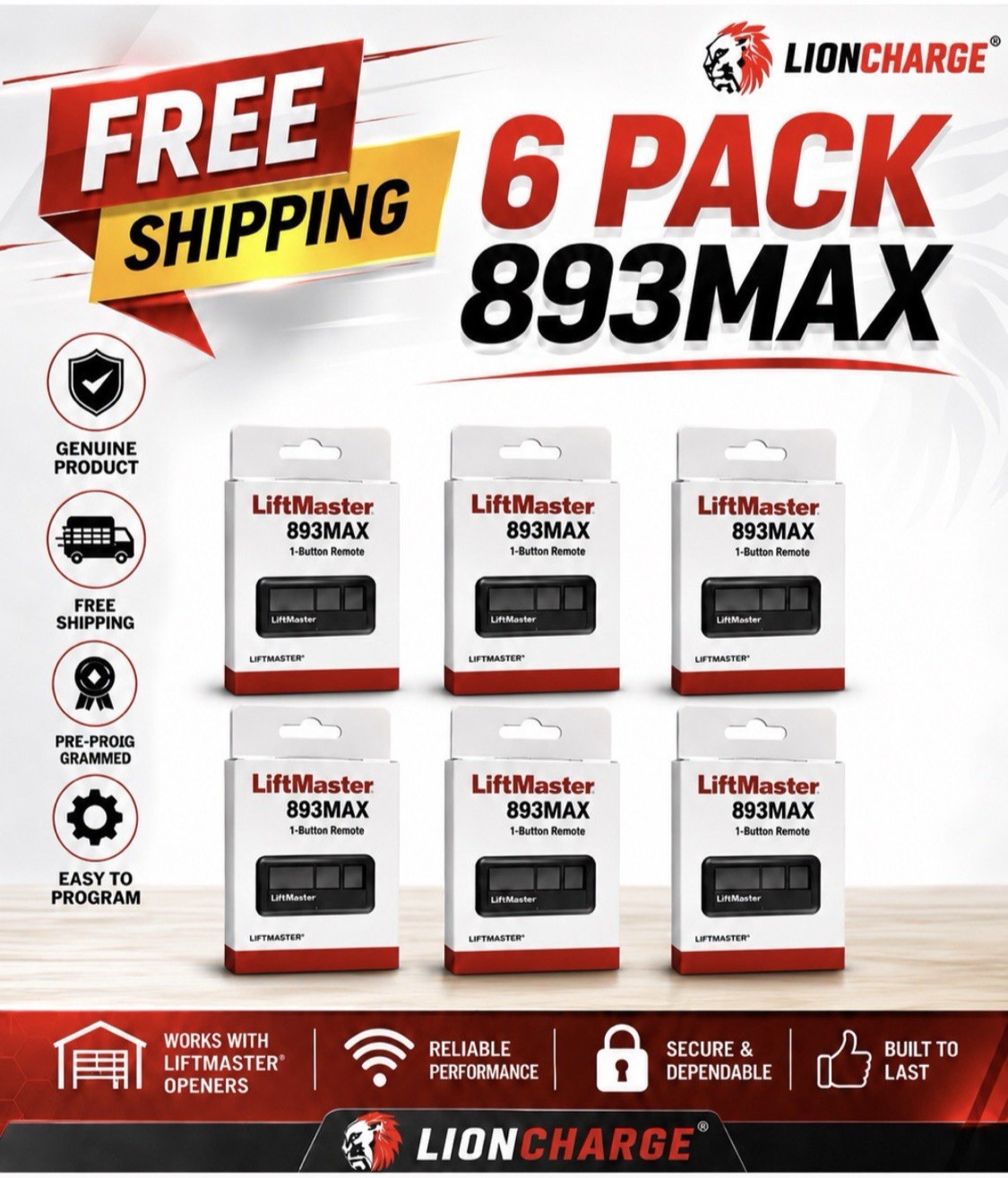 6 Pack 893MAX LiftMaster 3 Button Remote Control Garage Door Opener