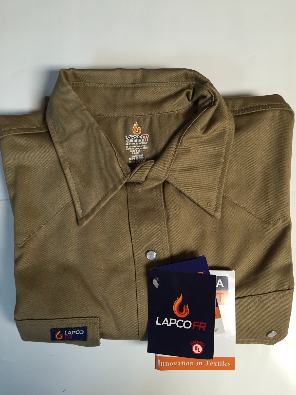 Lapco 9oz Flame Retardant Khaki Work Shirt 16 1/2 X 34" Large