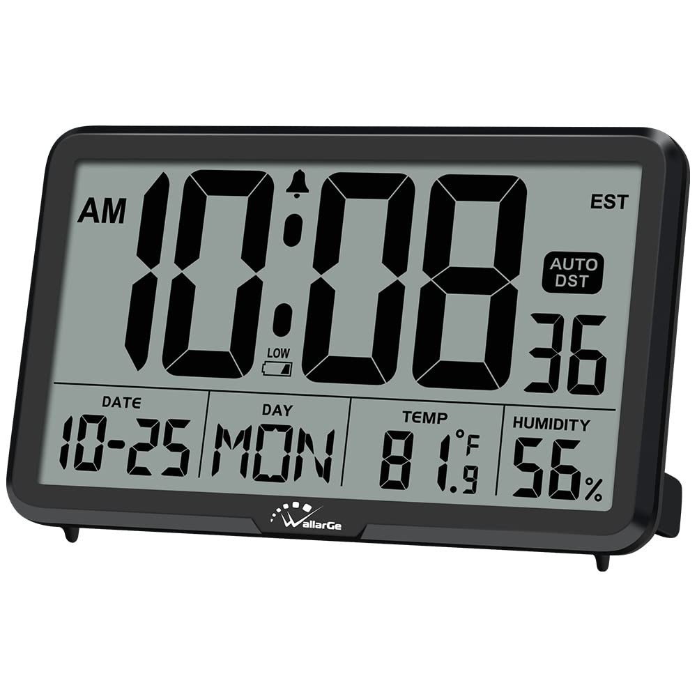 Elderly Friendly Digital Wall Clock, Large Display, Date Alarm, Black