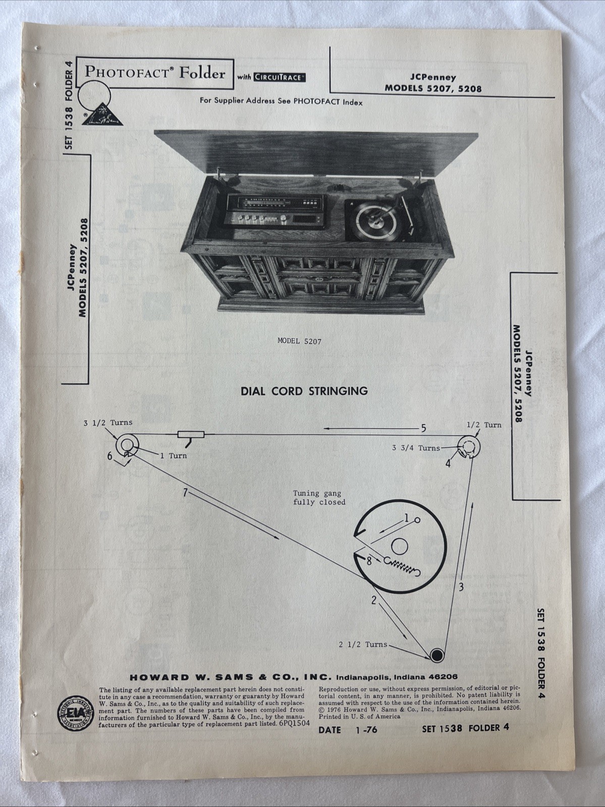Vintage Sams Photofact Schematic 1-1976 JCPenny MODELS 5207, 5208
