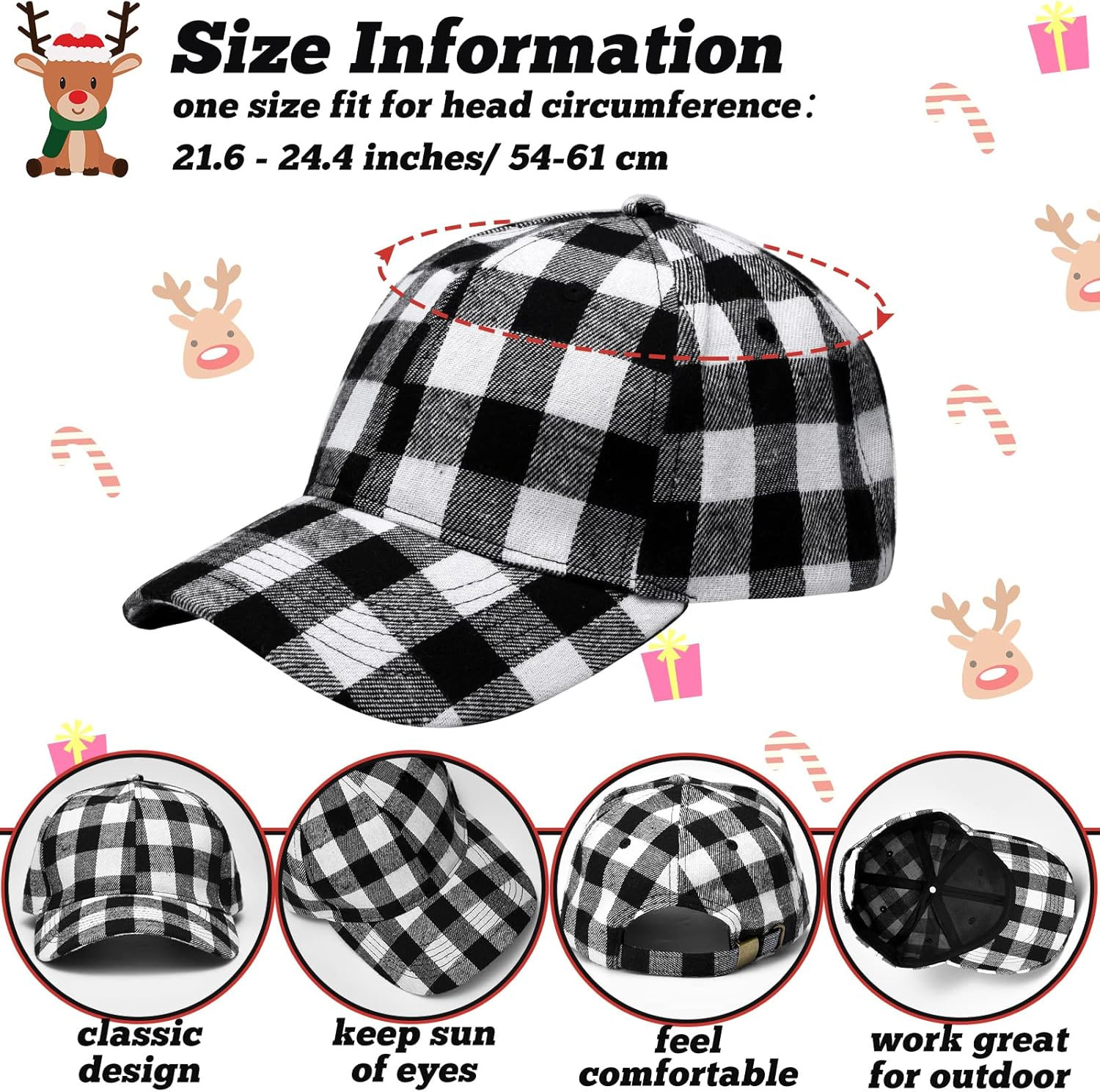 2 Pack Buffalo Plaid Baseball Caps Snapback Adjustable Red Black Unisex Xmas Hat