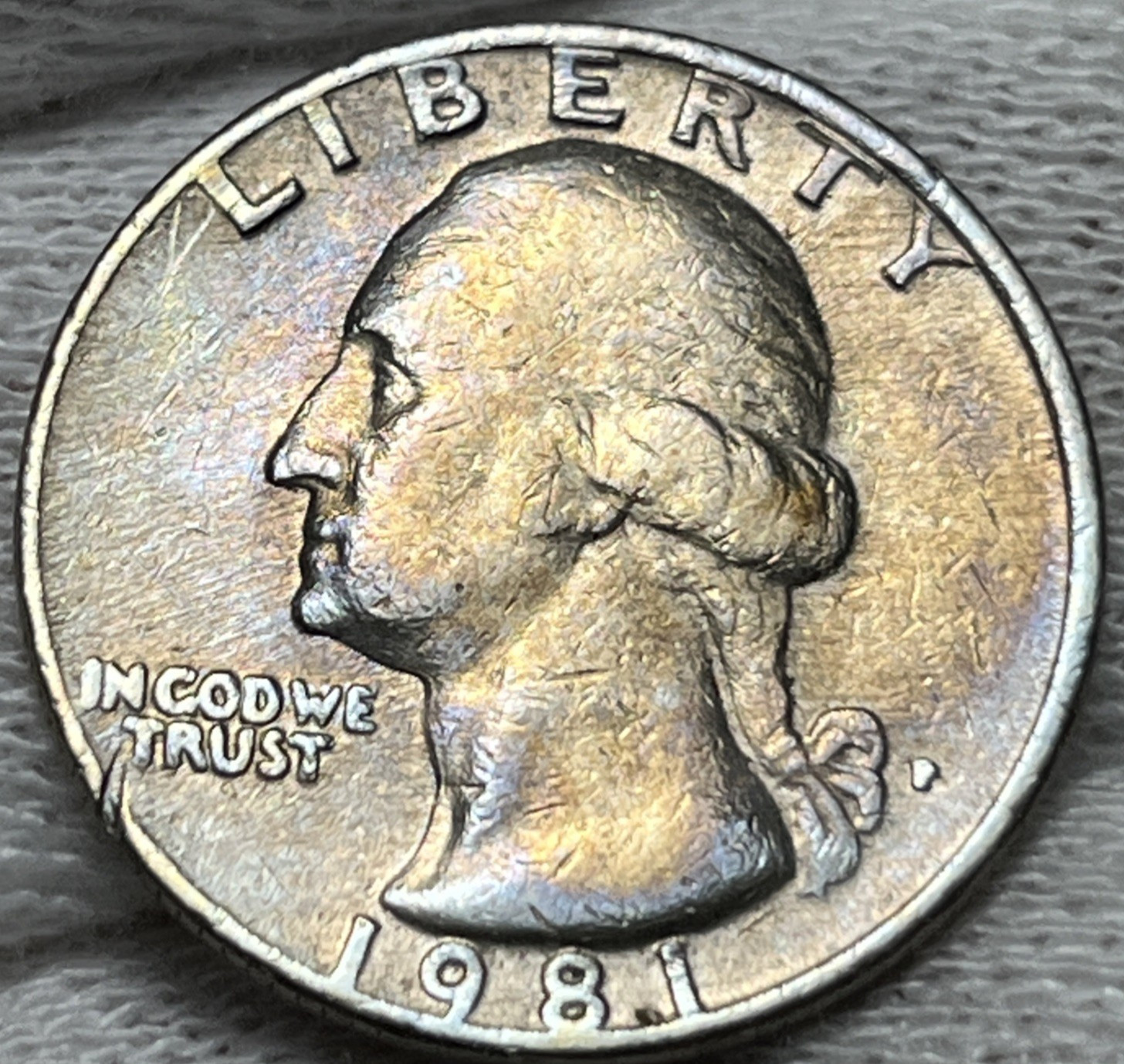 1981 P Washington Quarter Errors Strike Through Grease Rainbow Toning