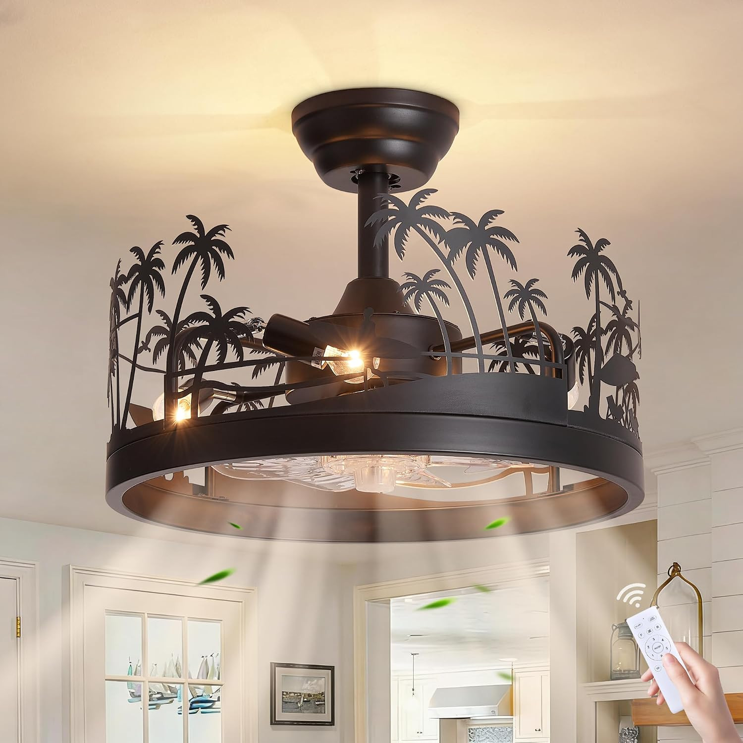 Rustic Island Style Ceiling Fan with Light and Remote, 18 Inch | Tropical Palm T