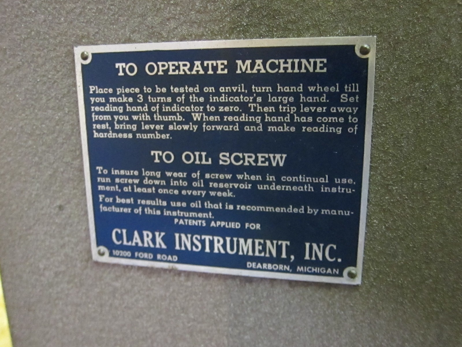 Clark Hardness Tester Model S8A, Used/Untested, Comes w/ Stand by Freight