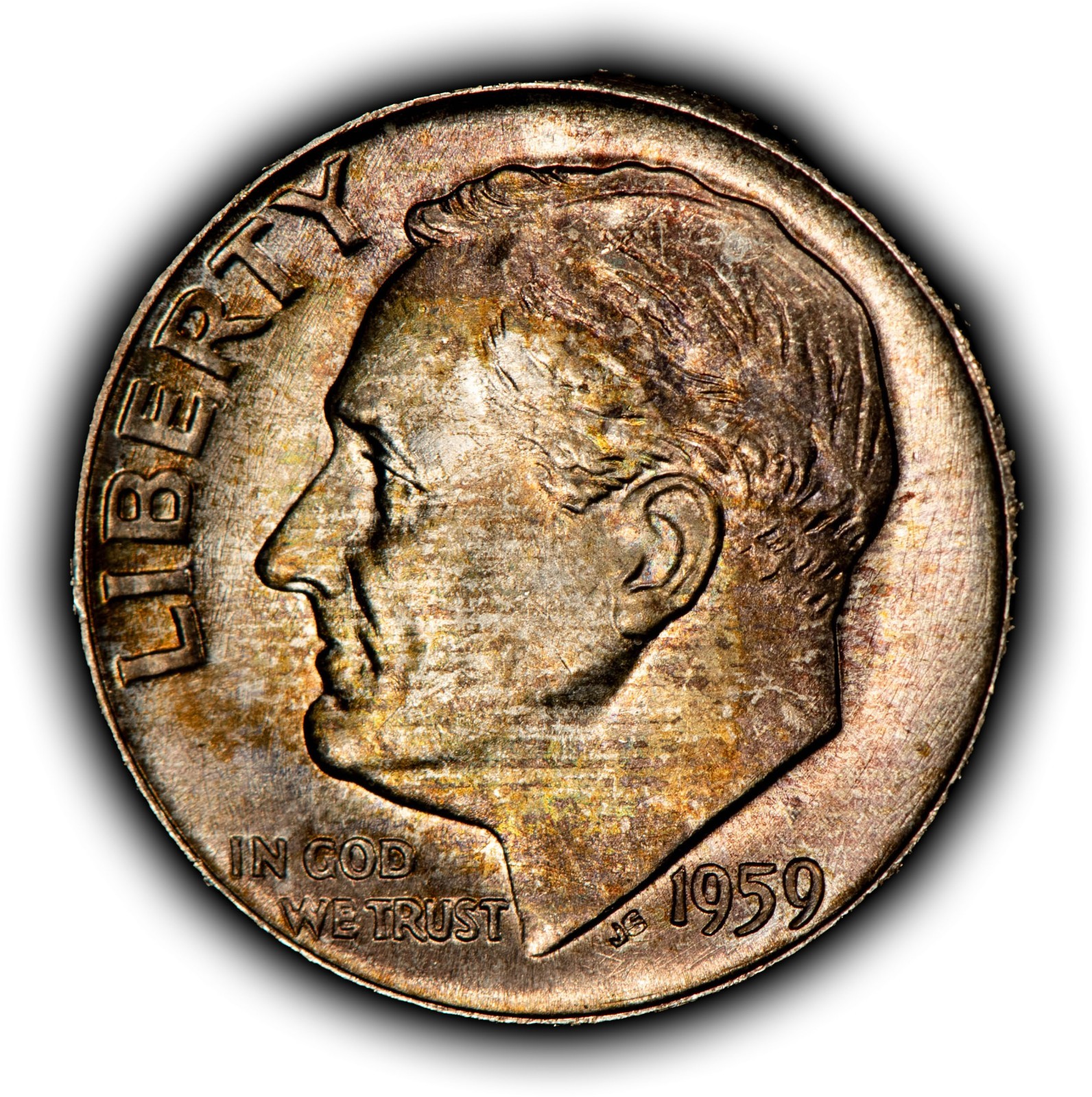 1959 10c Silver Roosevelt Dime - Colorful Textile Toning - BU - SKU-Z6360