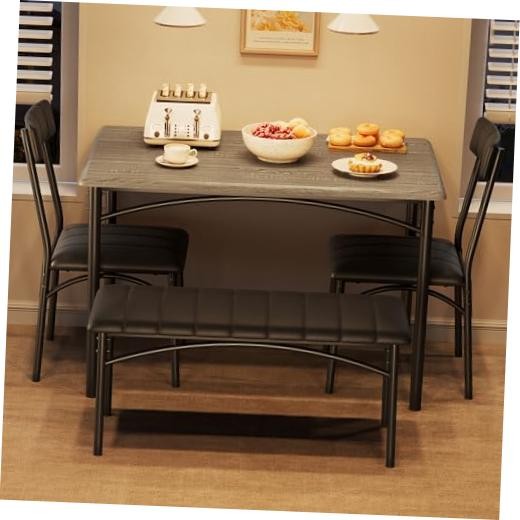 Dining Table Set for 4, Kitchen Table and 2 Chairs with Bench Rustic Gray