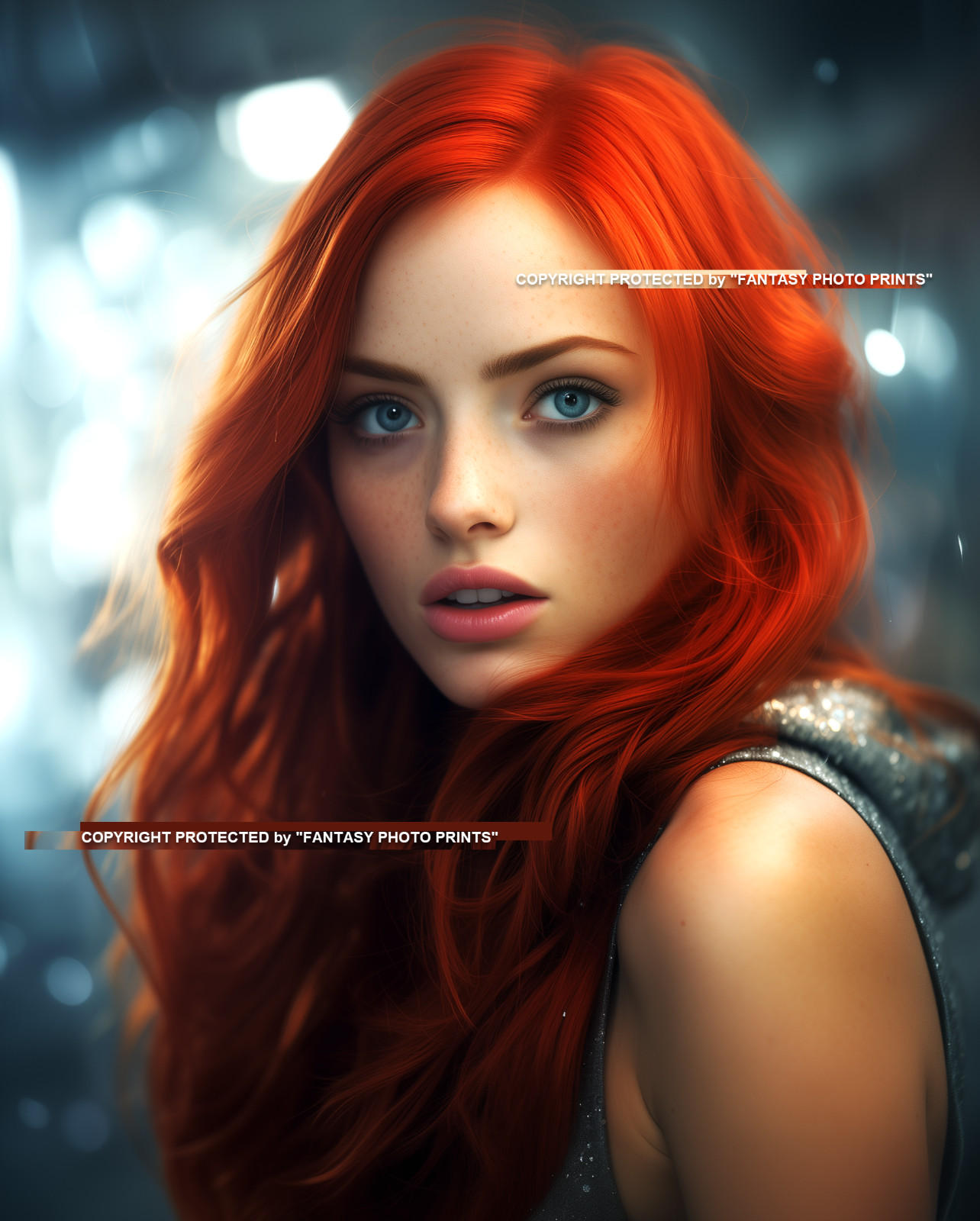 Fiery Hot Girl 8x10 Photo Art Print Red Hair Cosplay Fantasy Photo Blue Eyes