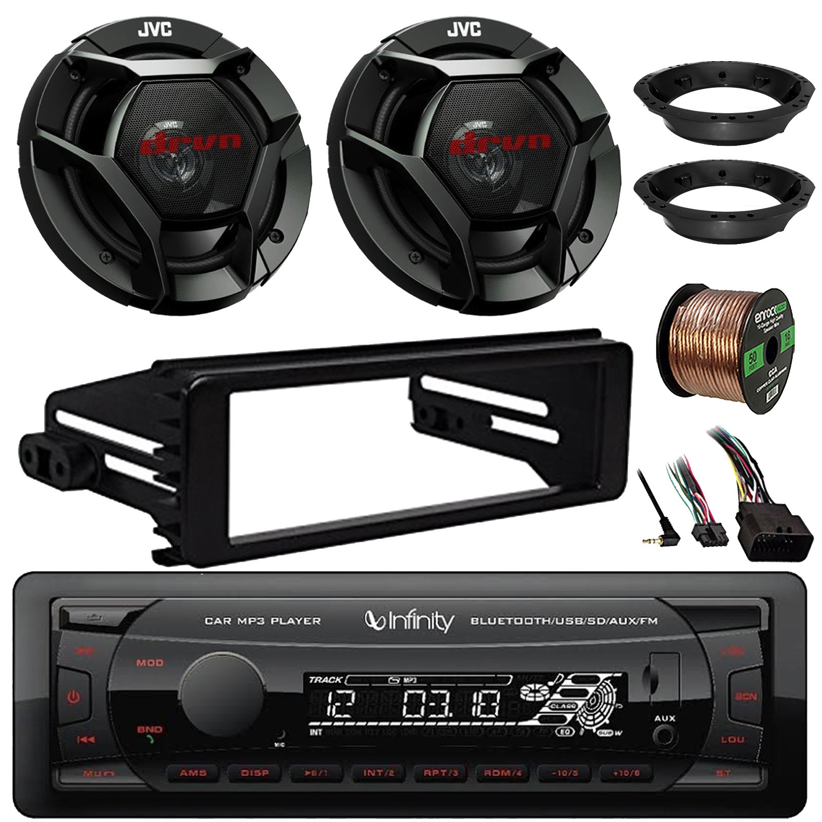 Infinity FM Receiver, 2x 6.5" 300W Speakers w/Wire, Adapters, Harley Install Kit