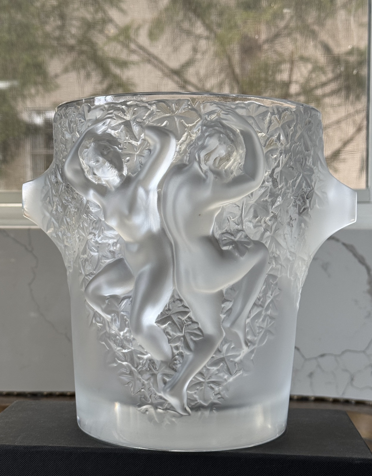 Signed Lalique Frosted Ganymeade Champagne Ice Bucket with Relief Dancers 9"x9"