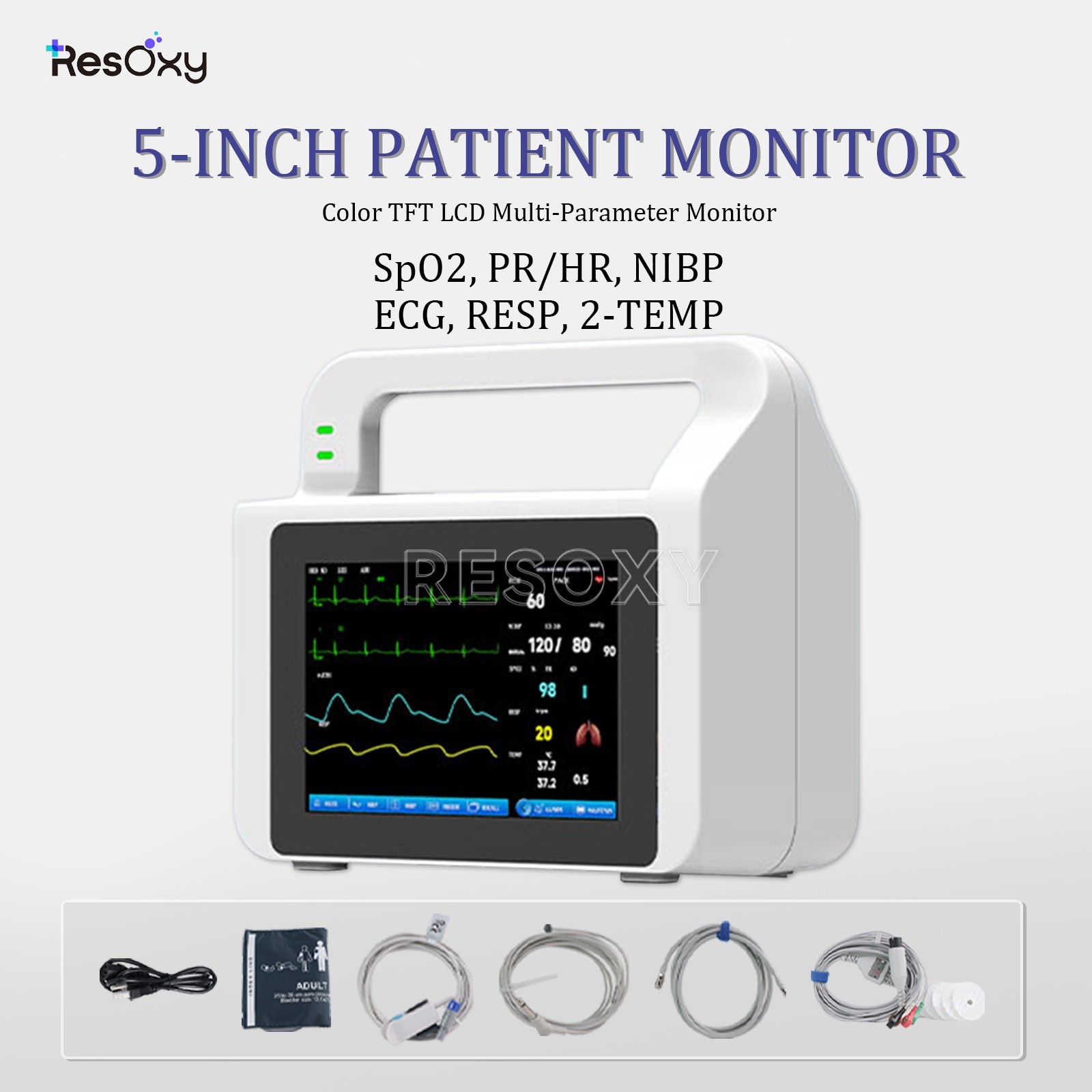 Patient Vital Signs Monitor 5" High Definition Screen ECG/NIBP/TEMP/RESP/SPO2/PR