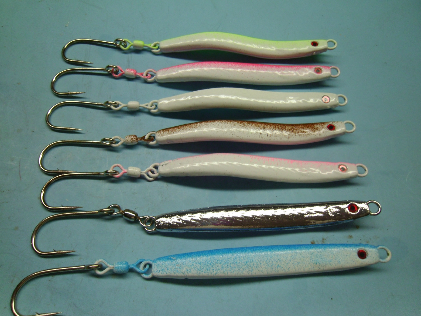 Painted bent eel jigs, sand eel, dart jigs, 4-pack Free Shipping