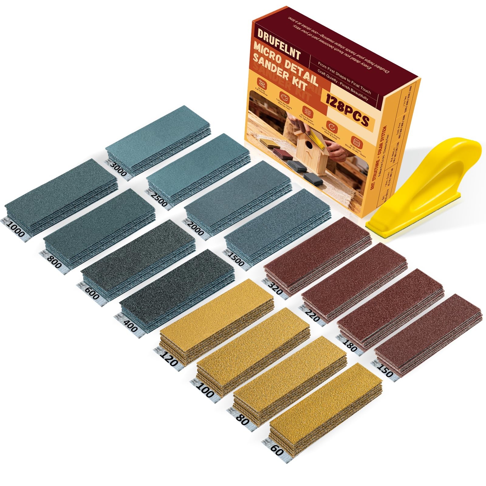 128PCS Premium Micro Sander & Sandpaper Kit, Detail & Mini Hand Sander with S...