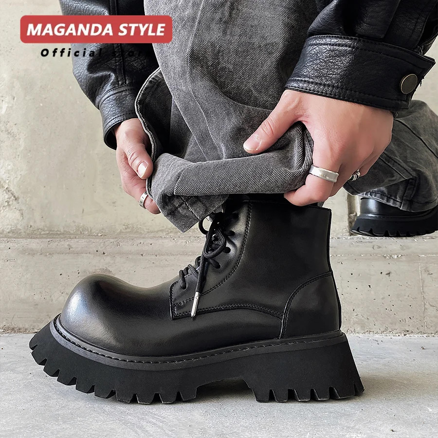 Big Head Short Boots Men Niche American Retro Height Increasing Workwear Black