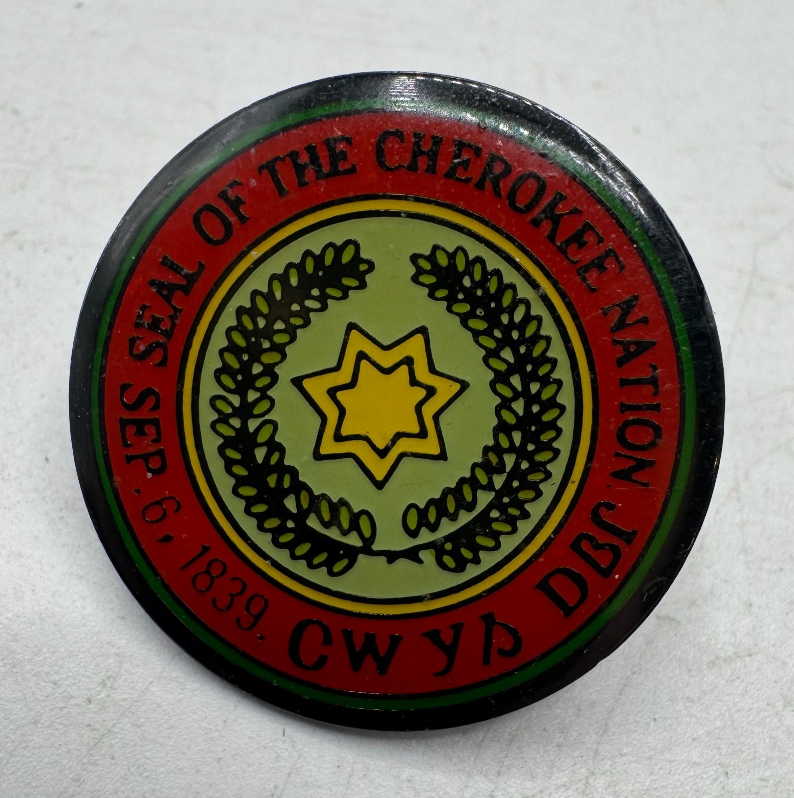 Vintage Seal of the Cherokee Nation Native American Lapel Pin Badge Indian Arms
