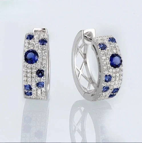 2.90Ct Lab Created Round Blue Sapphire Women Hoop Earring 14K White Gold Plated