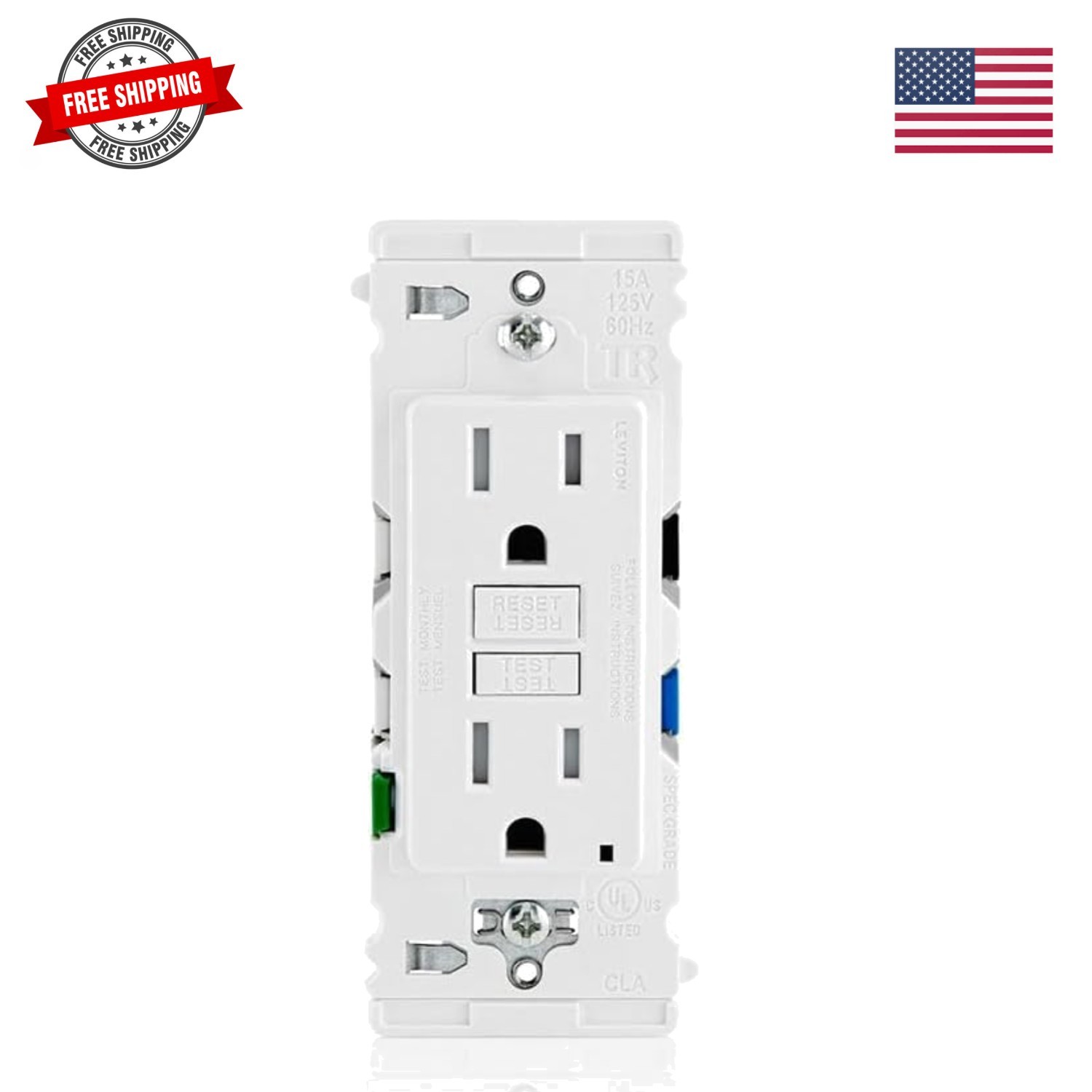 Lever Edge 15 Amp Self-, Tamper Resistant GFCI Outlet, EGFT1-W, White