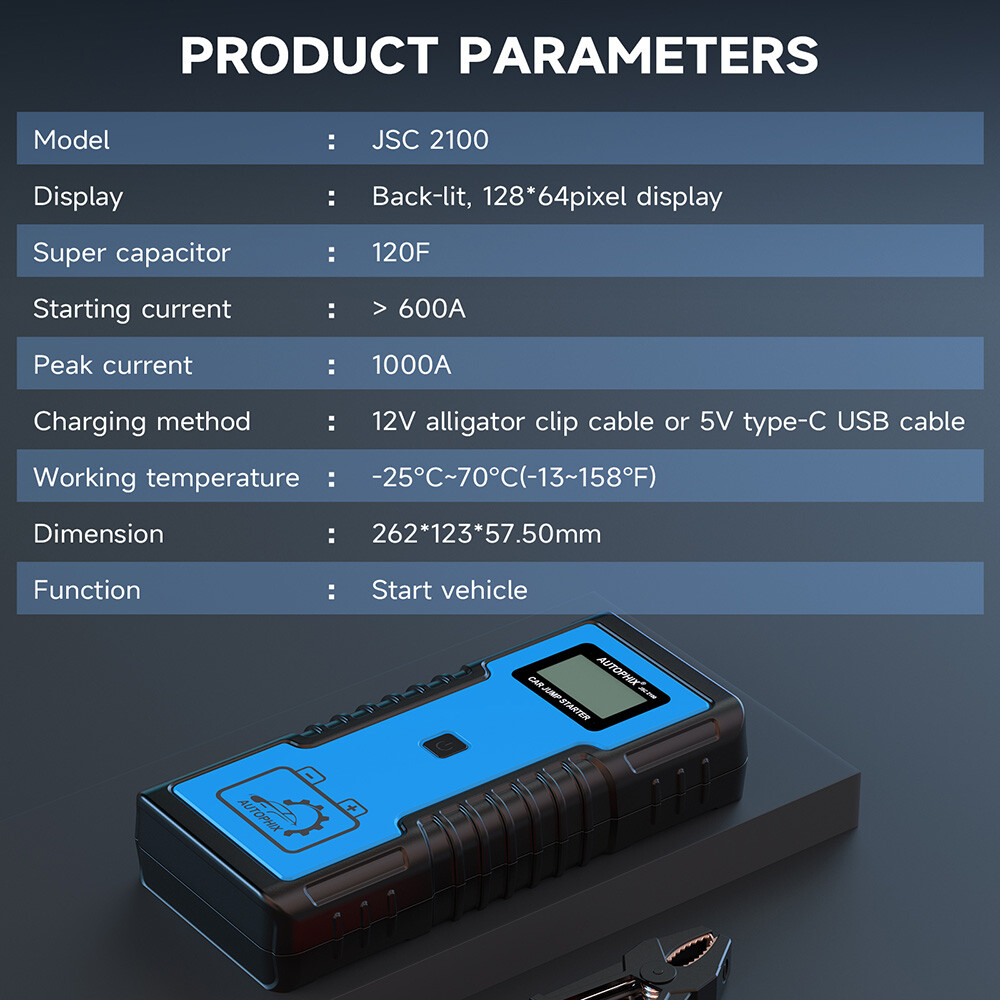 Autophix JSC2100 Car Jump Starter Portable Super Capacitor 12V Battery Pack Kit
