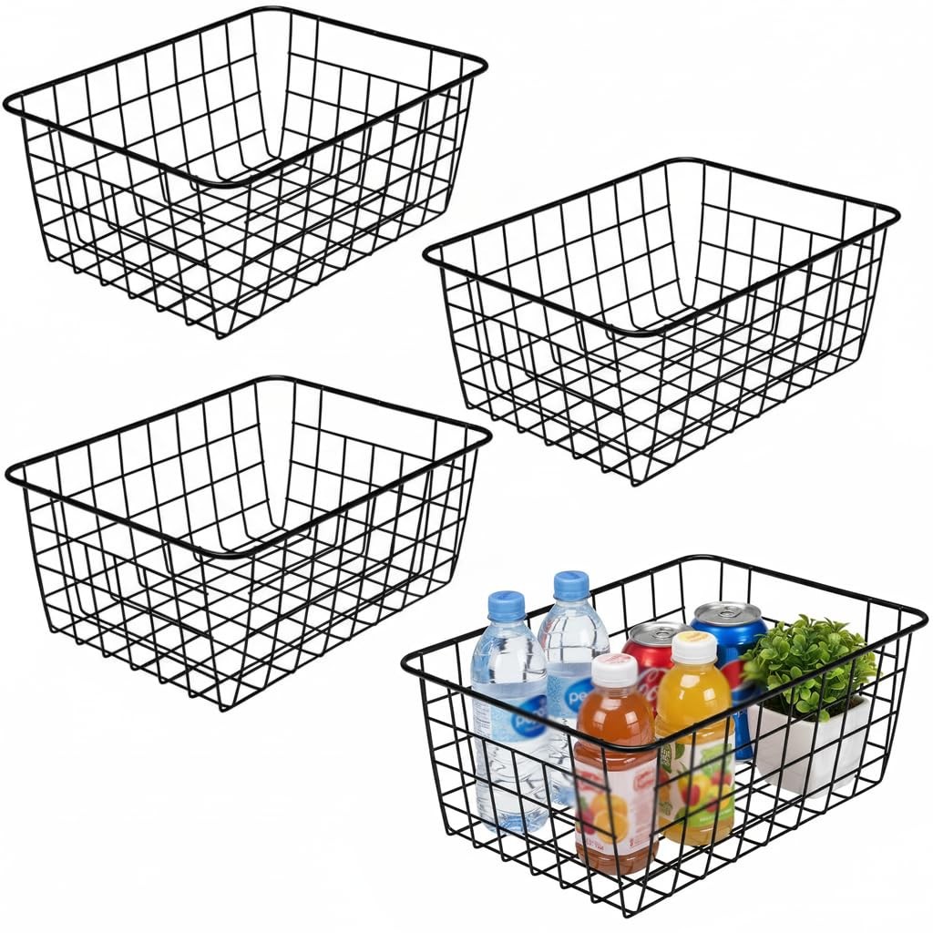Black Metal Wire Storage Organizer Baskets With Handles Cabinets Pantry 4 PCS
