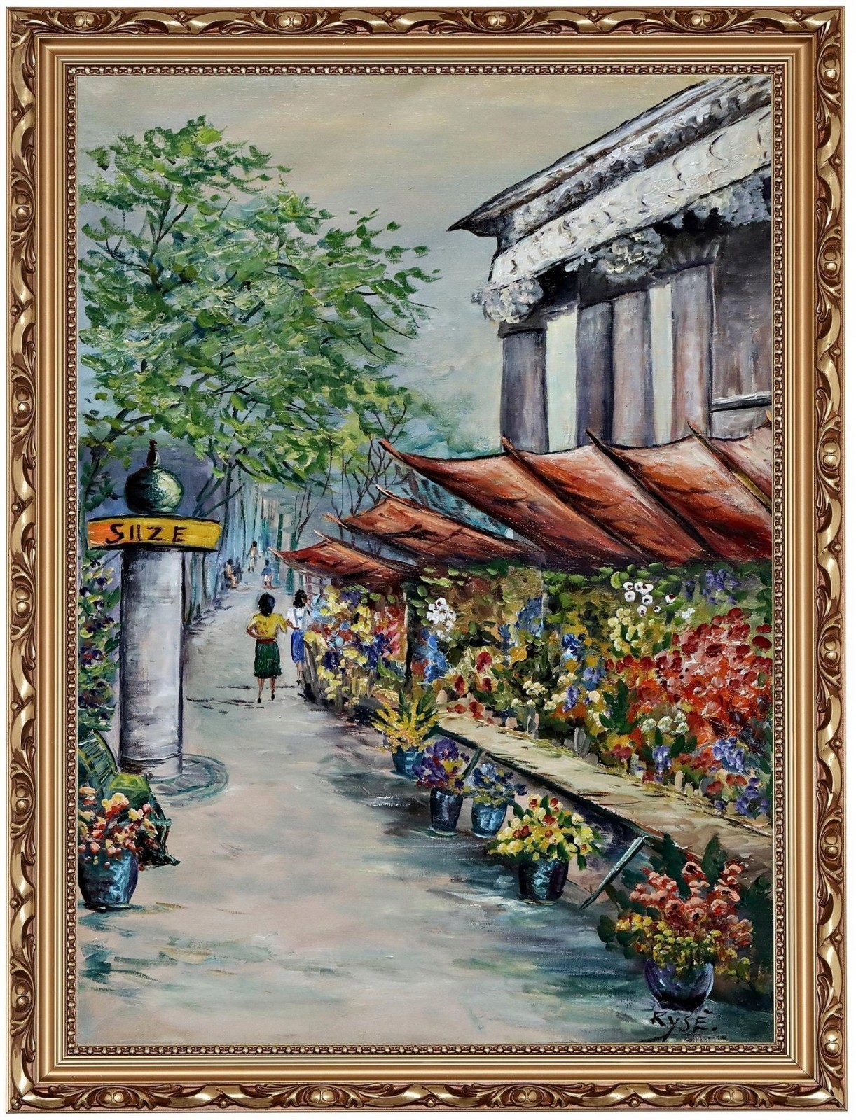 Unknown Paris Flower Market Alley Oil on Canvas Signed Framed Painting