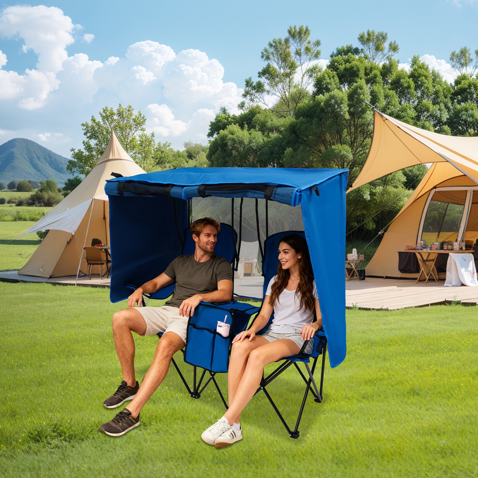 Portable Double Camping Chair with Canopy Folding Outdoor Loveseat with Shade