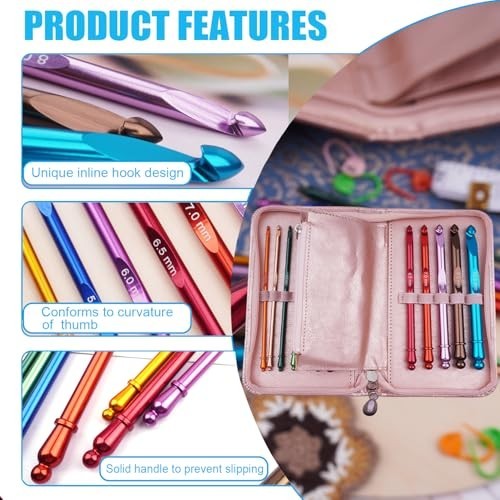Ergonomic Inline Crochet Hook Set with Case, Non-Slip for Arthritic Hands, 3mm-1