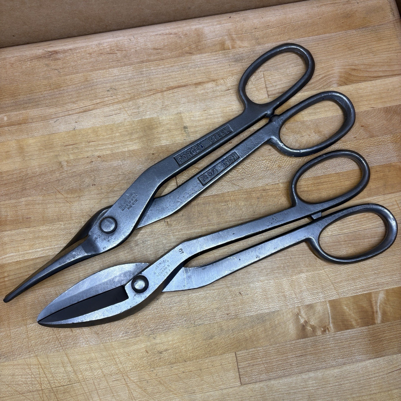 Lot 2 Vintage Tin Snips 12-3/4” Blue Bird No 212 & R Heinisch Newark NJ USA