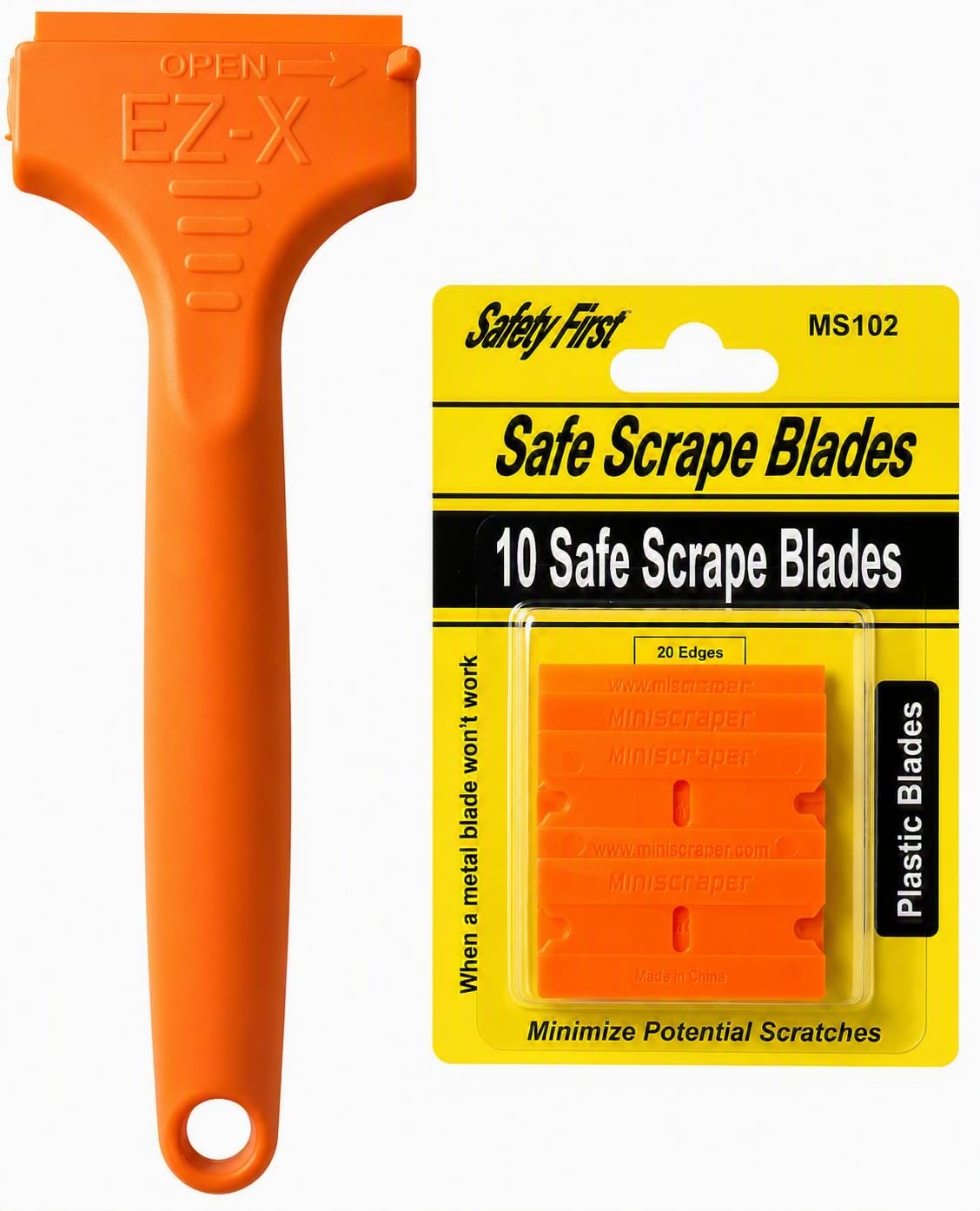 10 Plastic Double Edged Razor Blades and EZ X Razor Scraper Pat. Pending