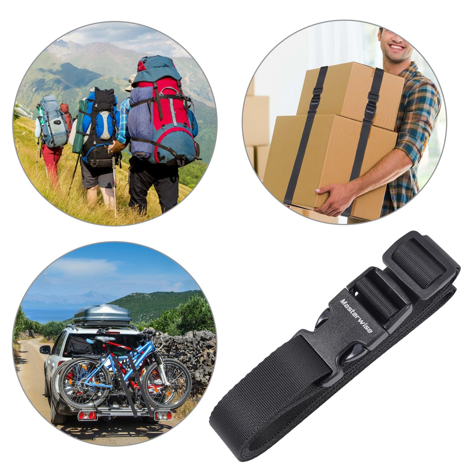 Masterwise Buckle Straps with Clips, Adjustable Nylon 6’x1", Black