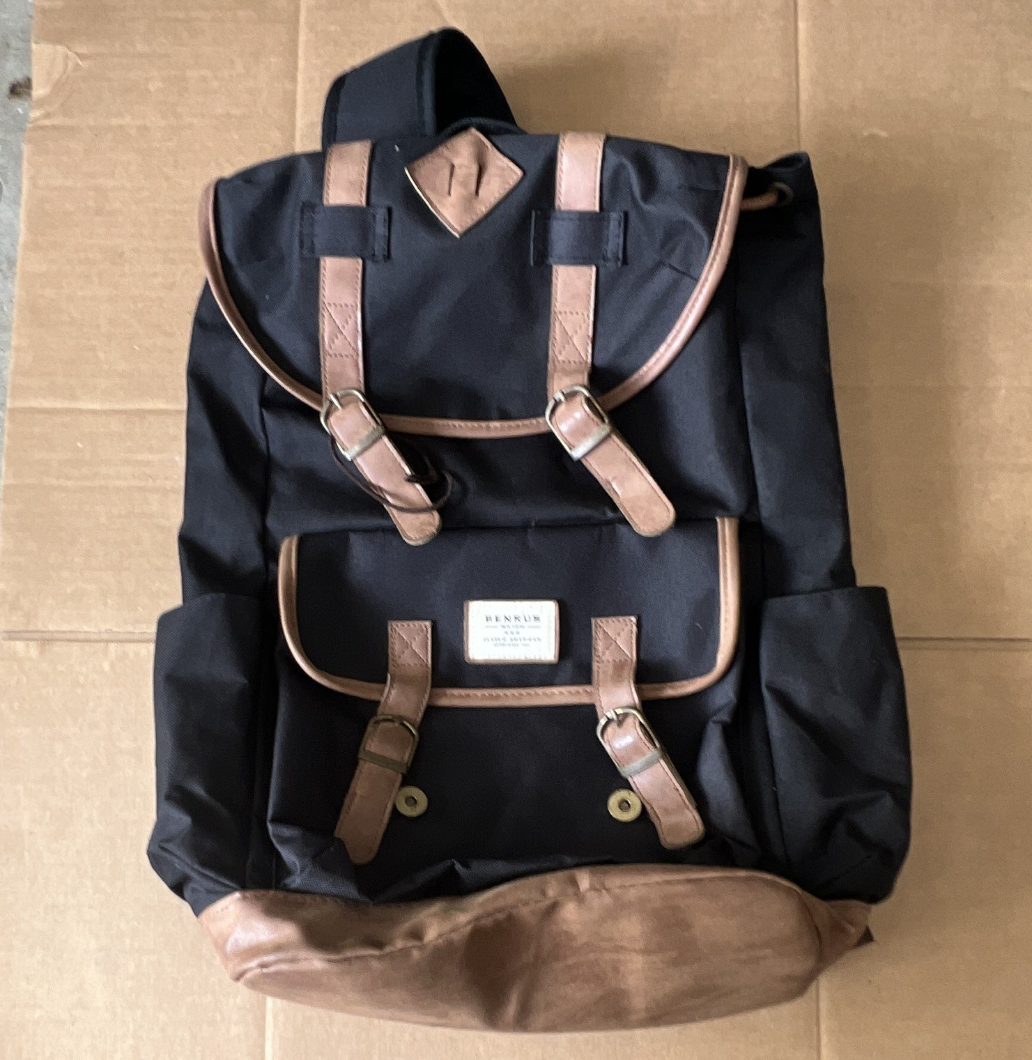 HENNUR Black/Brown Hiking Backpack Faux Leather Trim Buckle Closure