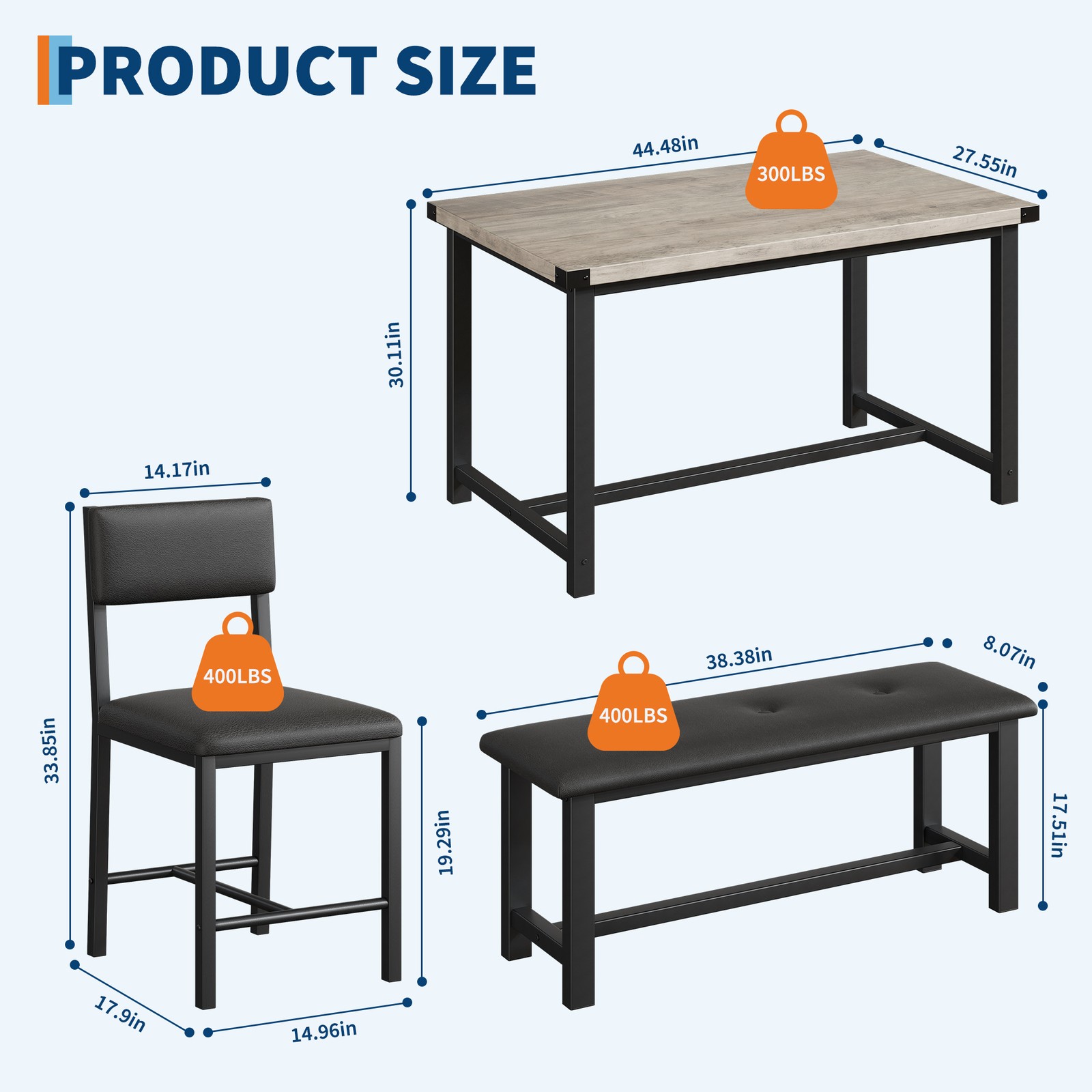 Modern Space-Saving Dining Table Set for 4, Upholstered Bench & 2 Padded Chairs