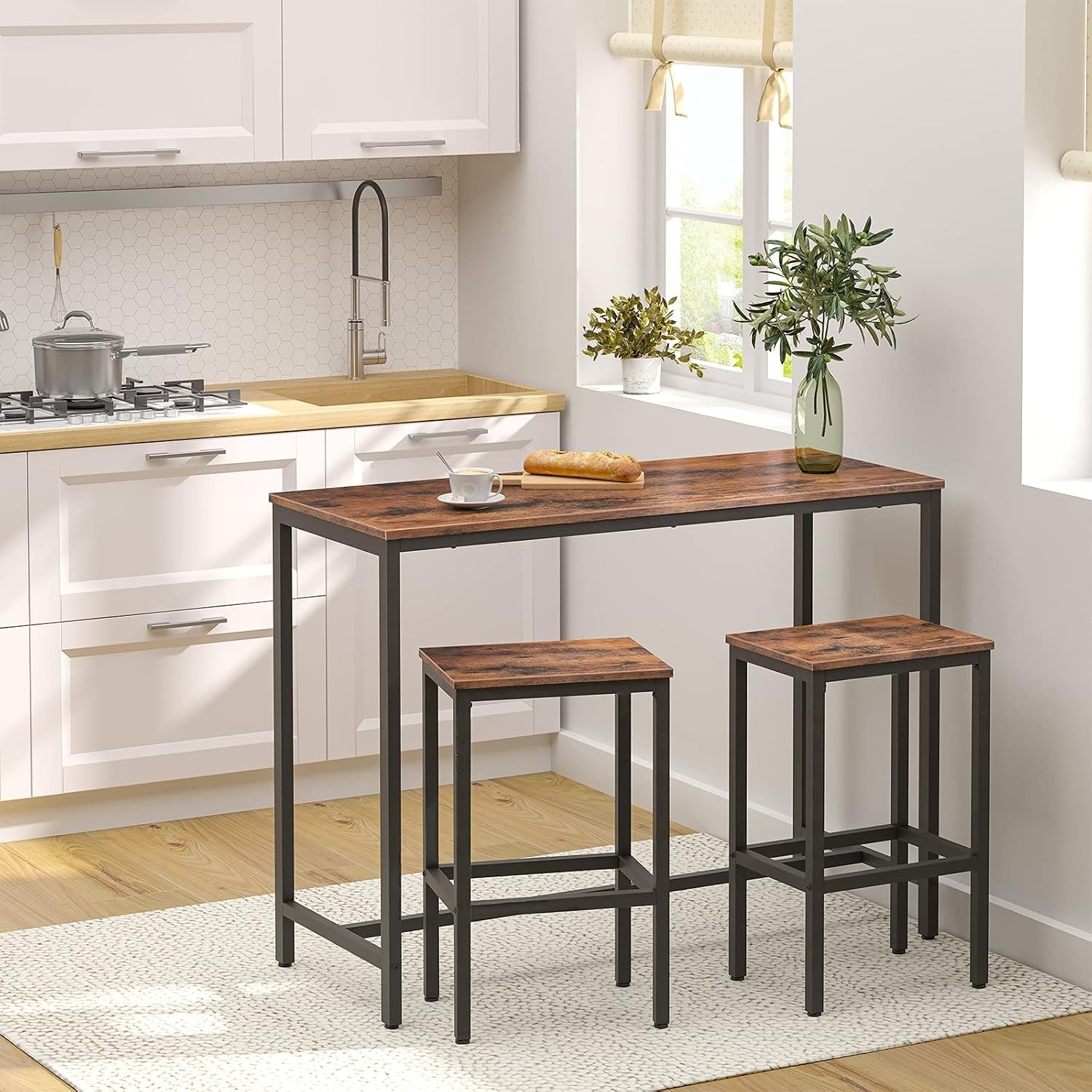 Table Chairs Set 47.2 Inch Rectangular Pub Steel Frame Rustic Brown