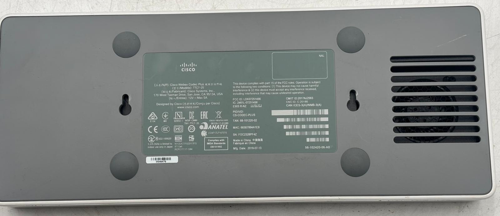Cisco CS-CODEC-PLUS TTC7-25 Webex Codec Plus w/ Power Adapter