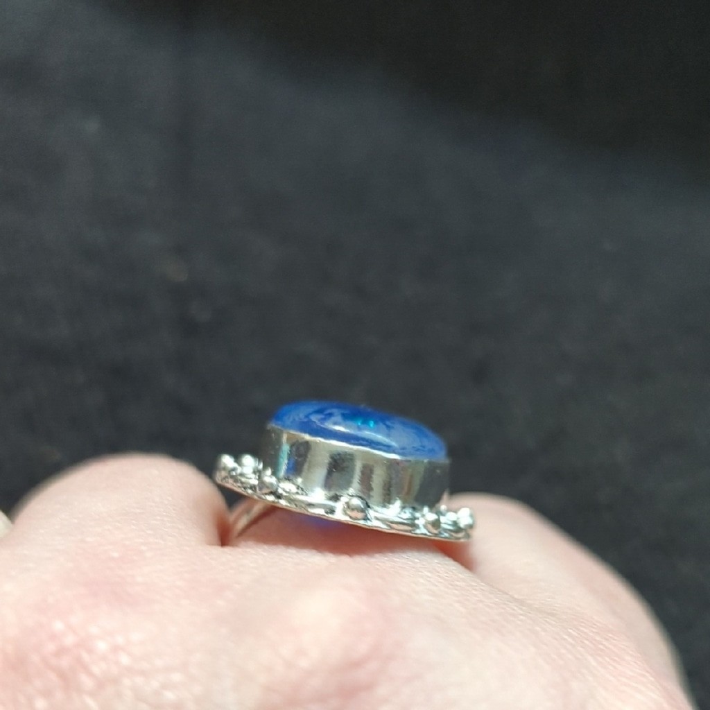 Silver Plated Blue Australian Triplet Opal Gemstone Statement Ring - Size 8.5